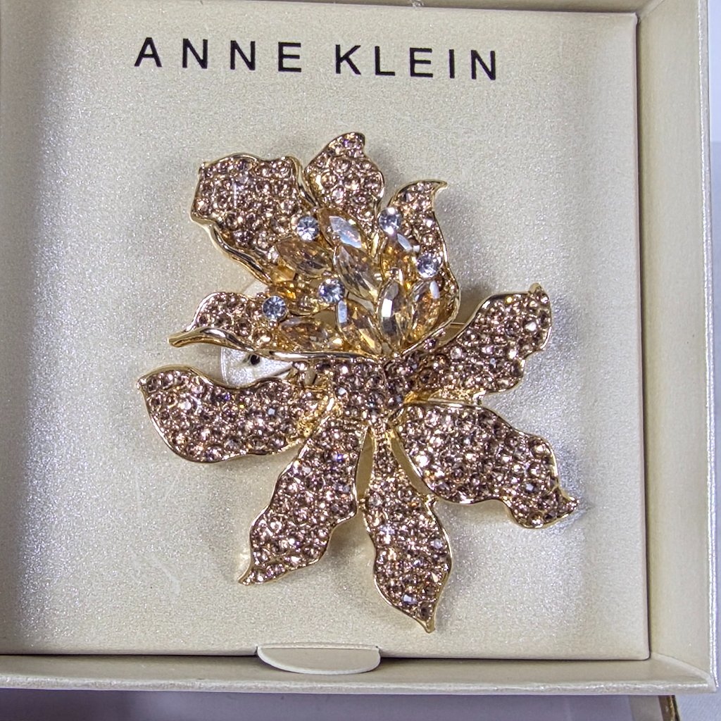 Anne Klien Boxed Christmas Gift Brooch Jeweled Crystals Topaz Open Flower 18$